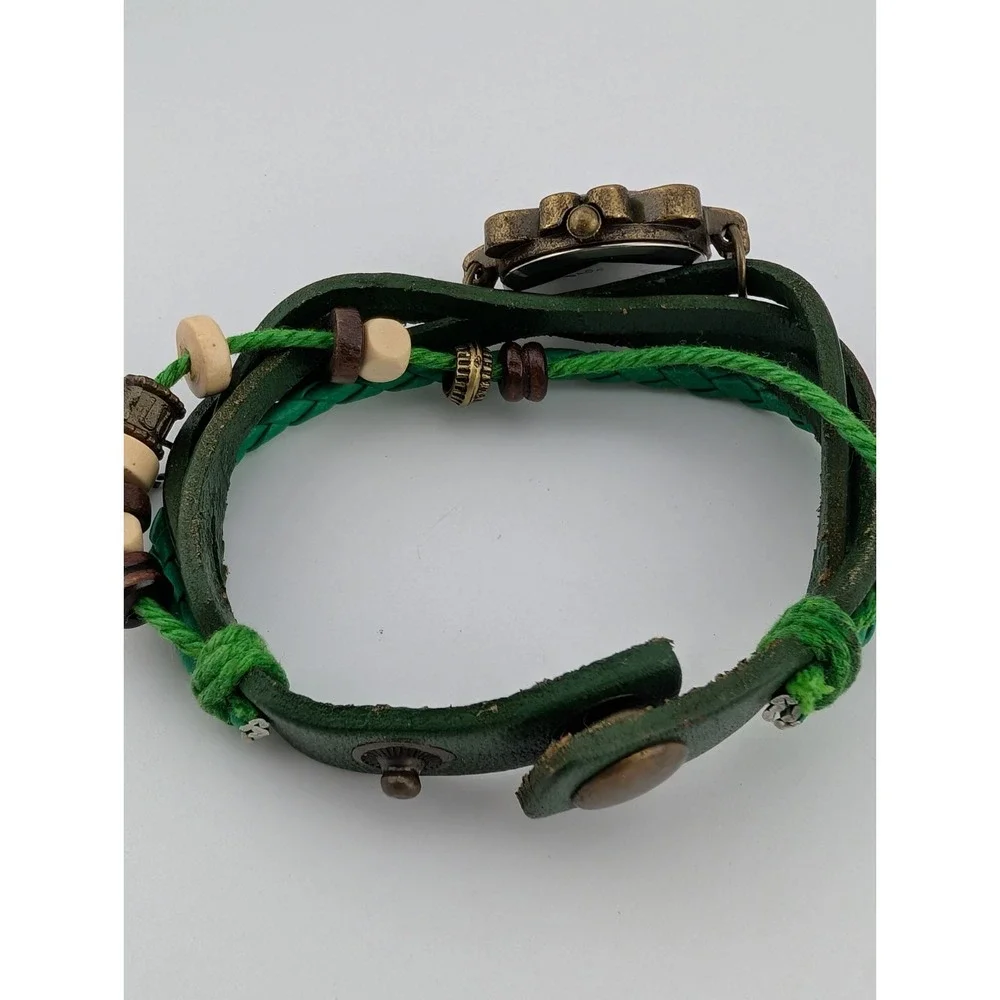 Multi Layer Braided‎ Leather Wrap Watch Charm Green Leather Band- New Battery